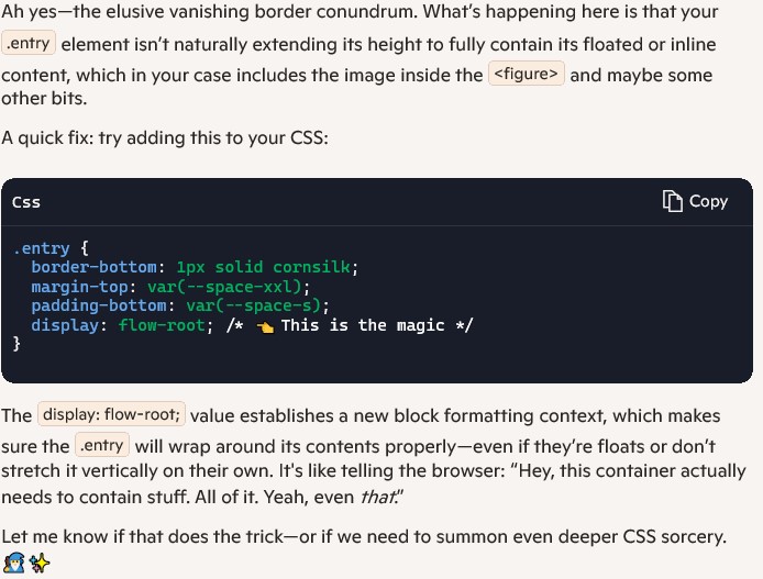 An answer to a question about this pages design from Copilot